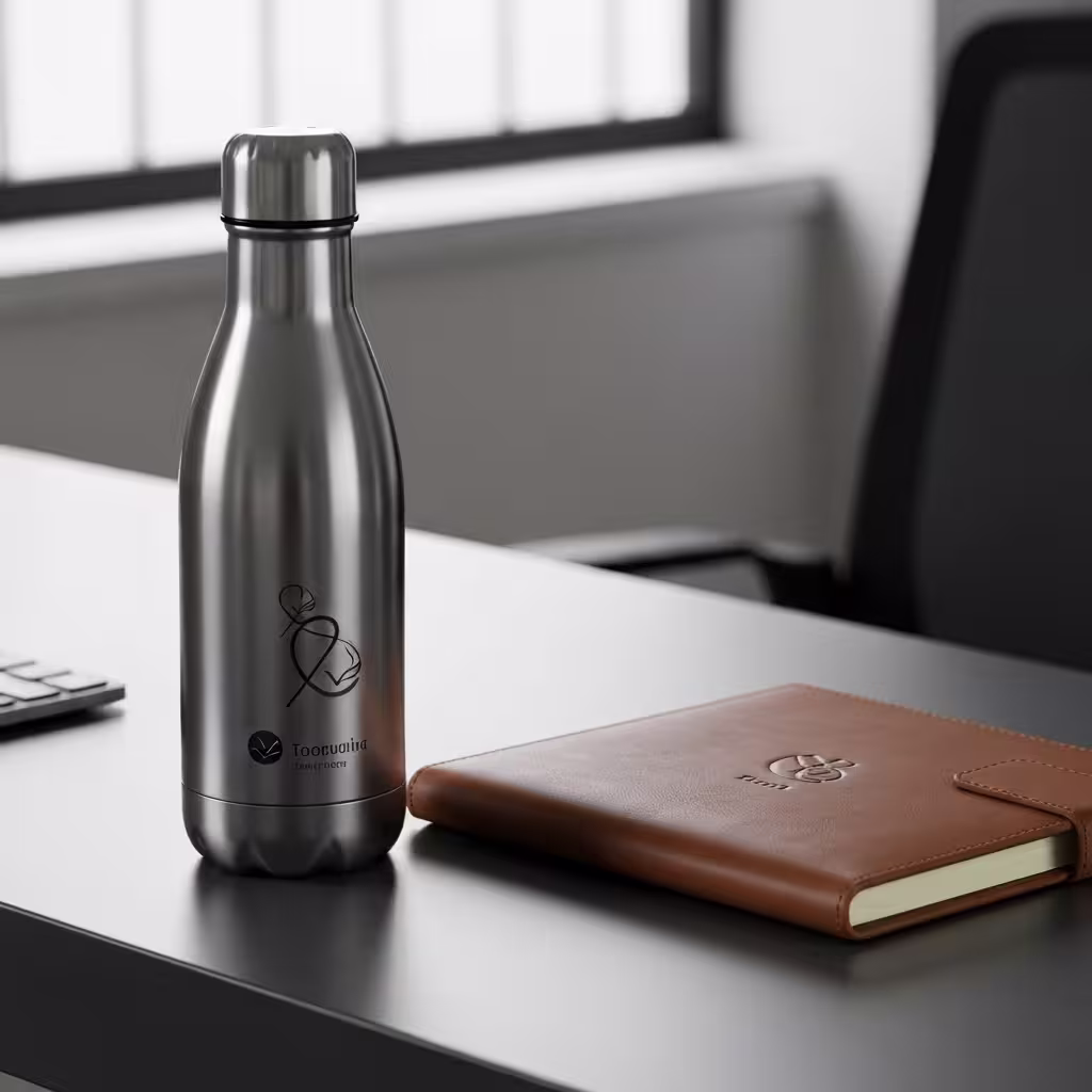 Custom branded promotional products including apparel, drinkware, and tech accessories